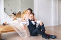 Wedding couple on the studio. Wedding day. Happy young bride and groom on their wedding day. Wedding couple - new family. Royalty Free Stock Photo