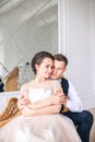 Wedding couple on the studio. Wedding day. Happy young bride and groom on their wedding day. Wedding couple - new family. Royalty Free Stock Photo