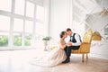 Wedding couple on the studio. Wedding day. Happy young bride and groom on their wedding day. Wedding couple - new family. Royalty Free Stock Photo