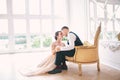 Wedding couple on the studio. Wedding day. Happy young bride and groom on their wedding day. Wedding couple - new family. Royalty Free Stock Photo