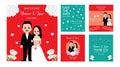 Set of wedding invitation cards with cute cartoon bride and groom. Vector illustration Royalty Free Stock Photo