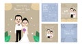 Set of wedding invitation cards with cute cartoon bride and groom. Vector illustration Royalty Free Stock Photo