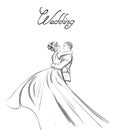 Wedding couple Vector line art. Lovely couple hugs. Bride and groom silhouette vintage style. Beautiful long dress