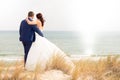 Wedding couple walking along the sunny beach by rear view Royalty Free Stock Photo