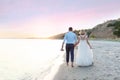Wedding couple walking on beach Royalty Free Stock Photo