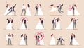 Wedding couples. Bride in wedding dress, just married couple and marriage ceremony cartoon vector illustration set Royalty Free Stock Photo