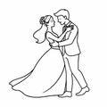 wedding couples dancing at a party, Just Married theme, continuous line drawing. Ai image generated. Royalty Free Stock Photo