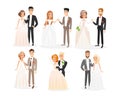 Wedding couples flat vector illustrations set. Bride and groom cartoon characters pack. Engagement ceremony. Woman in Royalty Free Stock Photo