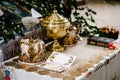 Wedding crowns in church ready for marriage ceremony. close up. Bible, crown, bowl, Certificate of the glans in the church on