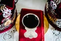 Wedding crowns in church ready for marriage ceremony. close up. crown, bowl in the church on table