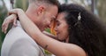 Wedding dance, couple closeup and hug in park gazebo outdoor with love, commitment and trust together. Garden, romance Royalty Free Stock Photo