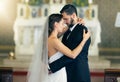 Wedding dance, love and couple dancing together with a hug after getting married at celebration reception for event Royalty Free Stock Photo