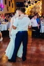 Wedding dance of young bride and groom in Royalty Free Stock Photo