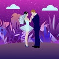 Wedding day background with bride and bridegroom and night outdoors cartoon vector illustration. Beautiful bride and