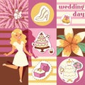 Wedding day background vector illustration. Cartoon cheerful ride woman waiting for party. White dress and shoes. Ring
