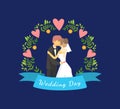 Wedding Day Banner Template with Just Married Couple, Happy Newlyweds, Bride and Groom Standing Against Floral Arch Royalty Free Stock Photo