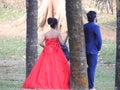 Wedding. Day. Engagement. The bride and groom in a wedding dress, go through the green alley, from the back. The bride in the red