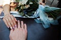 Wedding day. Hands in hands of newlywed couple Royalty Free Stock Photo