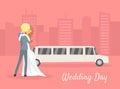 Wedding Day, Happy Just Married Romantic Couple Characters Standing Next to White Limousine Vector Illustration Royalty Free Stock Photo