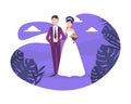 Wedding Day, Happy Romantic Just Married Couple Embracing at Night on Tropical Beach Resort Flat Vector Illustration Royalty Free Stock Photo