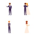 Wedding day icons set cartoon . Bride and groom with glass of champagne Royalty Free Stock Photo