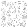 Wedding day icons. Various pictures of brides and wedding tools Royalty Free Stock Photo