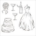 Wedding Day invitation set with wedding cake, champagne bottle, stemwares and white dres Royalty Free Stock Photo