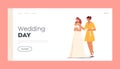 Wedding Day Landing Page Template. Girl Friend Help Beautiful Bride to Lace Dress before Wedding Ceremony