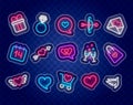 Wedding day and love sticker collection. Romantic concept. Happy Valentines day neon patches. Vector stock illustration