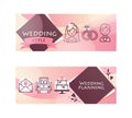 Wedding day party for just married couple horizontal banners set vector illustration. Wedding planning and style with Royalty Free Stock Photo