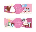 Wedding day party for just married couple horizontal banners vector illustration. Wedding planner with dress, jacket