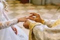 On the wedding day, the priest puts a ring on the bride`s hand