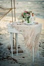 Wedding decor with bottle, glasses, flowers, sea cockleshells an