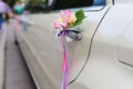 Wedding decor on the car handle Royalty Free Stock Photo