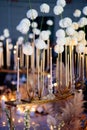 Wedding decor in dark Candles, white dried flowers Royalty Free Stock Photo
