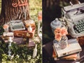 Wedding decor with flowers and candles in the forest Royalty Free Stock Photo