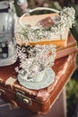 Wedding decor with flowers and candles in the forest Royalty Free Stock Photo