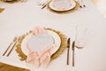 Wedding decor, flowers, pink and gold decor, candles Royalty Free Stock Photo