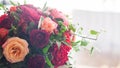 Wedding decor. Red Flowers in the restaurant, soft picture Royalty Free Stock Photo