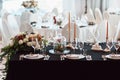 Wedding decor, interior. Festive. Banquet table. Modern wedding decorations. Royalty Free Stock Photo