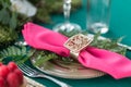 Table setting. Wedding decor in the magic forest for a loving couple. Pink and green colors. Raspberry dessert. Royalty Free Stock Photo