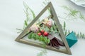 Wedding decor with natural elements. Geometric centerpiece. Flower arrangement consists of eucalyptus, a blushing bride, and other