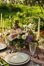 wedding decorated table, decor wedding dinner in nature in the garden Royalty Free Stock Photo