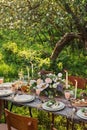 wedding decorated table, decor wedding dinner in nature in the garden Royalty Free Stock Photo