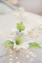 A wedding decoration for a car is an artificial white flower Royalty Free Stock Photo