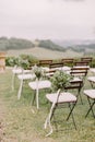 Wedding decoration chairs in rustic green style Royalty Free Stock Photo