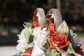 Wedding decoration, large rings on white and red roses Royalty Free Stock Photo