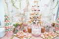 Wedding decoration with pastel colored cupcakes, meringues, muffins and macarons Royalty Free Stock Photo