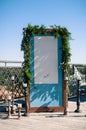 Wedding decoration setup, blue screen with white copy space