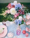 Wedding decoration in the style of boho, floral arrangement, decorated table in the garden. Bridal bouquet Royalty Free Stock Photo